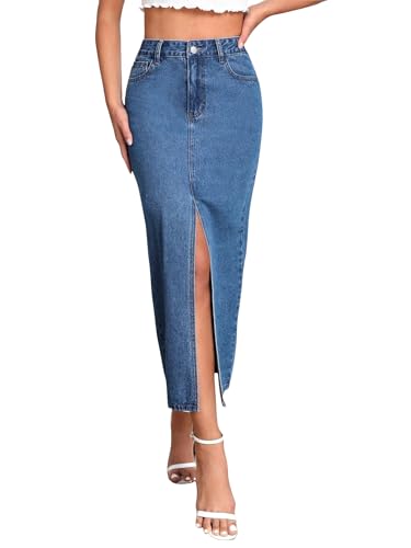 Image of Shasmi Women's Elegant Blue Solid High Waist Split Thigh Denim Maxi Skirt for Women's & Girl's (Skirt 180)