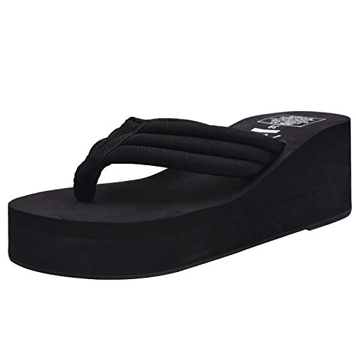 Orient Tree Women's High Wedge Flip Flops Platform Sandals Beach Shoes Black US 6