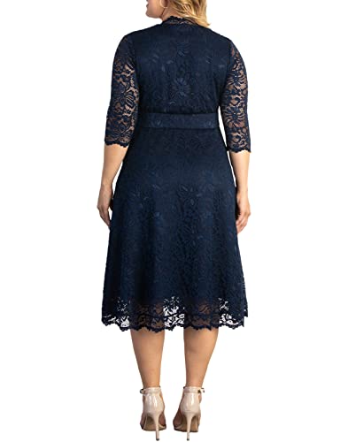 Kiyonna Women's Plus Size Mademoiselle Lace Dress, A-Line Midi Cocktail Dress For Wedding Guest, Mother Of The Groom Or Bride, Formal Or Semi-Formal Party Dress, Empire Waist, 3/4 Fitted Sleeves Navy #TOP1