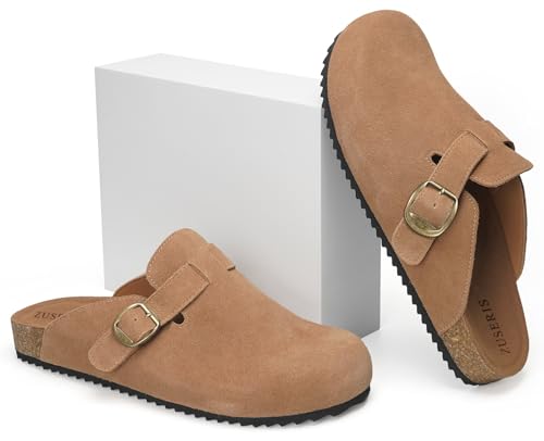 Image of ZUSERIS Suede Clogs for Women Men Wide Width Leather Mules | Soft Cork Footbed,Arch Support,Comfort Potato Shoes