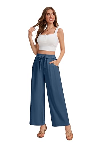 Image of KICZOY Women Flowy Pants Drawstring Waist Wide Leg Palazzo Beach Pants Loose Fit with Pockets