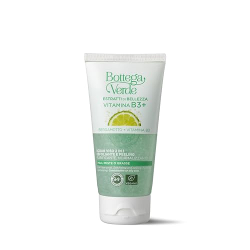 Bottega Verde - Vitamina B3+, Scrub viso 2 in 1, 75 ml, con Vitamina B3 e Bergamotto, Esfoliante e Peeling, Azione Purificante e Normalizzante, per Pelli Miste o Grasse