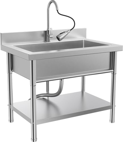 Image of 39Inch Stainless Steel Utility Sink Single Bowl Freestanding Laundry Sink with Pull-Out Faucet,for Pet Cleaning Laundry Room Farmhouse Indoor and Outdoor Sink