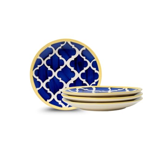 Image of Navy Blue Ceramic Round Plates - Set of 4 (7.28 inch) | Microwave, Oven & Dishwasher Safe | Perfect for Dessert, Salad & Small Meals | Elegant Porcelain Dish | Ideal for Gifting