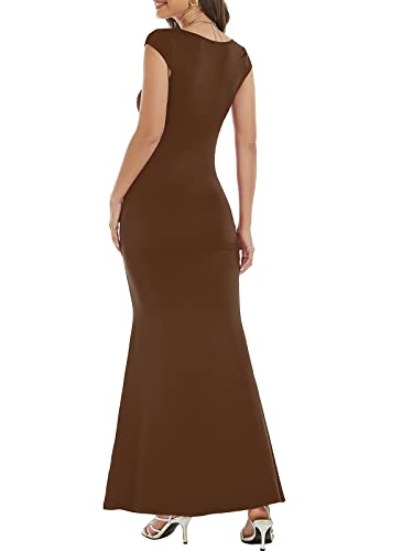 Image of Womens Summer Cap Sleeve Square Neck Elegant Casual Lounge Bodycon Slim Maxi Evening Party Long Dress