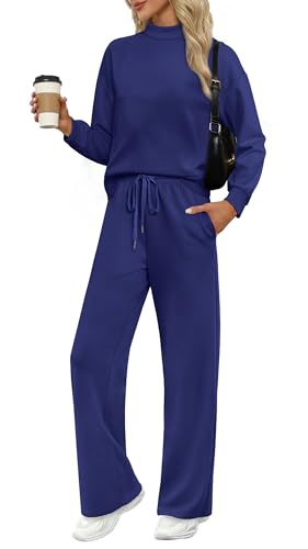 Image of WIHOLL Two Piece Sets for Women Fall Outfits Lounge Sets Mock Neck Tops Wide Leg Pants Vacation Travel Airport Outfits