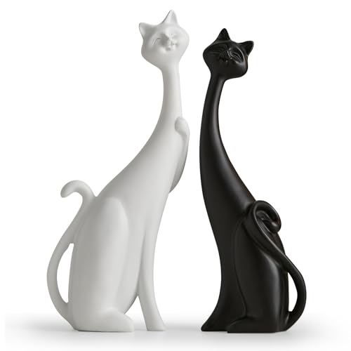 Estatua pareja gatos blanca y negra decoración moderna miniatura 1