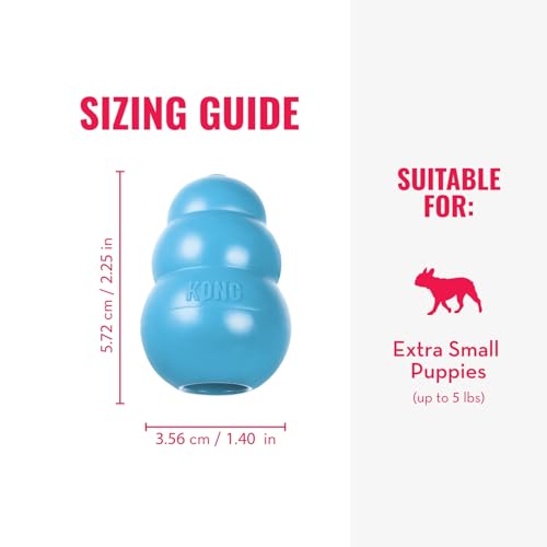 Image of KONG Puppy Chew Toy, Soft & Durable Natural Rubber Fetch Toy for Dogs, Stuff Dog Treats, Interactive Treat Dispenser & Erratic Bounce, for Teething, Crate Training, Assorted Blue /Pink, X-Small