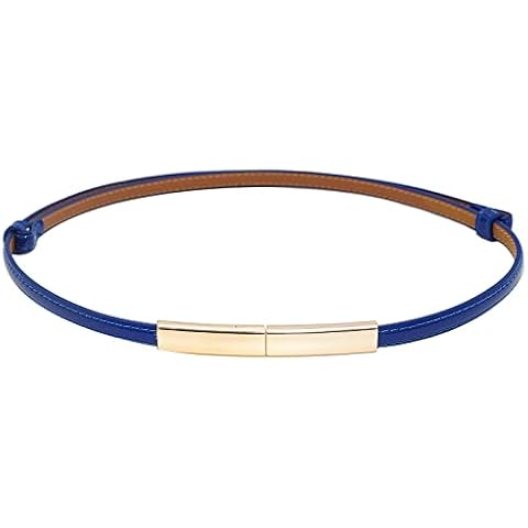 YeeHeen Skinny Patent Leather Belts Thin Waist Belt for Women Girls Adjustable Cinch Belt with Gold Buckle Blue Cover