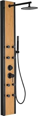Bathfinesse Rainfall Shower Panel Shower Tower System Bamboo Wood and Stainless Steel with 8 Body Jets Massage and Adjustable Round Shower Head Handheld Wand Shower Column Wall Mount