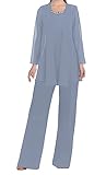 3 PCE Chiffon Mother of The Bride Dress Pant Suits with Jacket Steel Blue 28W