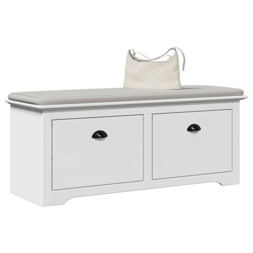 Banc de couloir BODO blanc avec espace de rangement et étagère basse