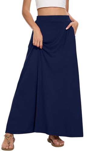 Image of Womens Maxi A-line Long Skirt Casual 2026 Elastic High Waist Flowy Skirts with Pockets