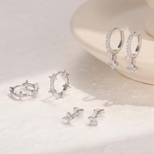 QUINBY Dainty Opal Earrings Dangle Hoop Earrings For Women,Hypoallergenic Earring Sets For Multiple Piercing,14k Gold Plated Earring Stacks For Sensitive Ears4