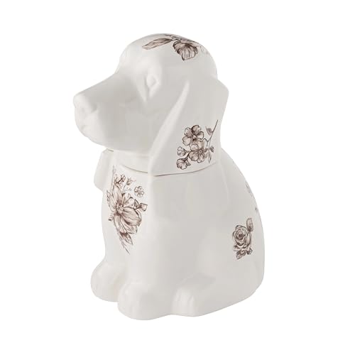 Stoneware Cookie Jar Shaped Like a Dog, 11 Inch Large Ceramic Canister with Removable Lid for Kitchen Counter Storage, Rustic Brown Floral Design
