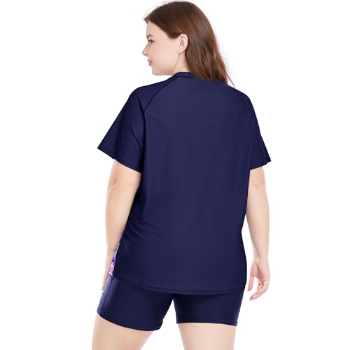 Davena Women's Plus Size 2 Piece Rash Guard Short Sleeve Swimsuit with Boyshorts Swim Shirt UPF 50+3