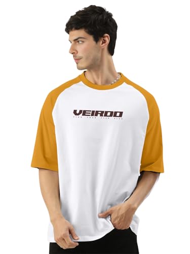 Image of Veirdo 100% Pure Cotton Oversized Loose Baggy Fit Drop Shoulder Round Neck Cool Front Chest Typographic Logo Printed Raglan Sleeve T-Shirt for Men (Colors: White, Black, Swanwhite, Beige & Grey)