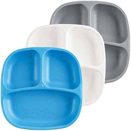 Re Play 7" Divided Toddler 3 Pack Plates with Deep Sides and Three Compartments for Easy Self Feeding | BPA Free | Dishwasher Safe | Modern Blue