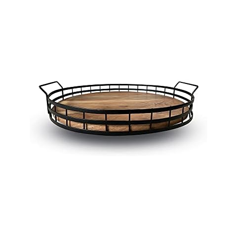 Extra Large Farmhouse Round Wooden Tray with Black Metal Frame & Acacia Wood Base with Handles. This Round Tray is an Ideal Decorative Tray, Coffee Table, Drinks or Serving Tray by Cube Home Cover