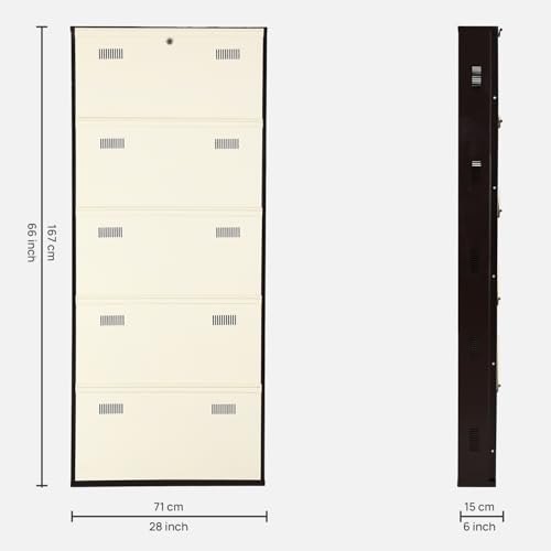 Image of Metal Shoe Rack Wall Mounted for Home with Central Locking 5 Door 28 inch Wall Mounted Metal 15 Pair Shoe Rack Cabinet Pre-Assembled Rack Shelves 3 Year Warranty (Brown & Ivory)