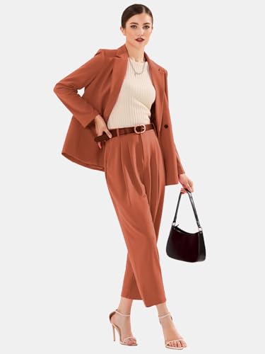 Image of EXLURA Women's Business Blazer and High Elastic Waist Pant Suit Set Loose Fit Casual Fall Winter 2 Piece Suits for Work