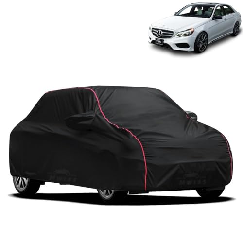 Image of Waterproof Car Cover for Mercedes Benz E350 | All-Weather Protection, Dustproof & UV Resistant | Triple Stitched Mirror Pockets, Windproof Buckle Strap with Elastic Hem, Black-Red Piping