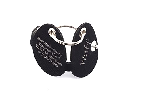 CopterFarm Hundemarkentasche für Hunde am Halsband | mit Gravur, Druckknopf | Kunstleder, Echtleder | Hundemarke | individuell beidseitig graviert (Schwarz, Oval)
