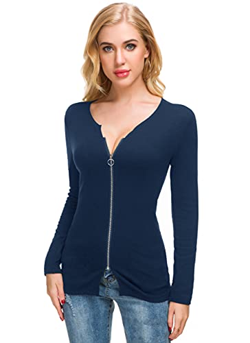 Image of Afibi Women V Neck Zip Front Long Sleeve Casual Top Blouse Shirt /Cardigan
