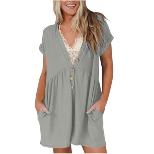Womens 2025 Summer Short Sleeve Romper Casual V Neck Wide