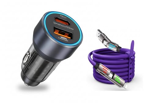 Image of 145W 4-in-1 Fast Charging Car Charger with Retractable Cable | USB A & USB C Ports | Type-C & Lightn-ing Built-in Cable | PD & QC Support | Universal Car Mobile Charger for All Smartphones & Devices