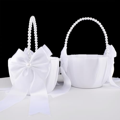 STAFUNI 2 PSC Wedding Flower Girl Basket, Pearl Handle Cute Flower Basket for Flower Girl, White - Thumbnail 3