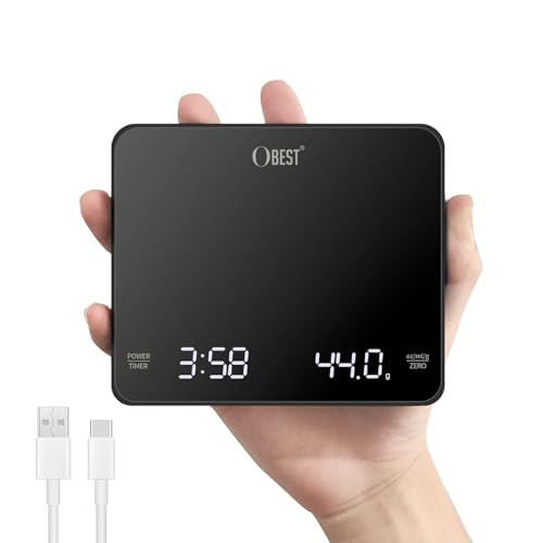 OBEST Mini Digital Coffee Scale with Timer,0.1 kg-3kg Precision measurement Food Scale Espresso Scale Electronic Cooking Scale,LED Hidden Screen USB Rechargeable Temperature Resistant Kitchen Scale