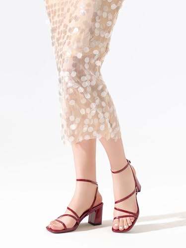 Image of LACUONE Strappy Heels for women Block Heels Square Toe Chunky Ankle Buckle Pump Heeled Sandals