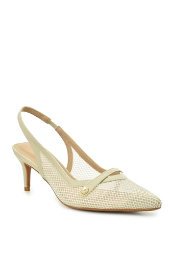 Nicole Miller Women's Sollien Mesh Slingback Heels - Closed Toe Heels with Faux Pearl Detail, Breathable Mesh Upper with Elasticized Strap & Pointed Toe, Bone