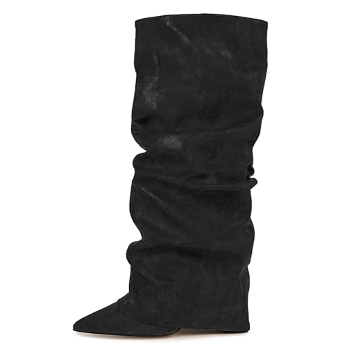 Fold Over Boots Slouch Block Heels Dressy Knee Boots2
