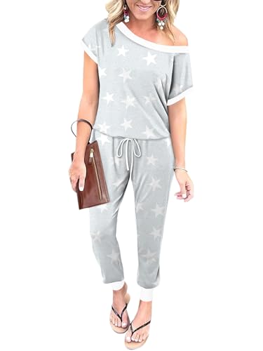 CRAZY GRID Women's 2-Piece Travel Outfit White-Star Print Off-Shoulder Blouse Drawstring-Waist Pants Breathable Casual Tracksuit GreyStar Medium