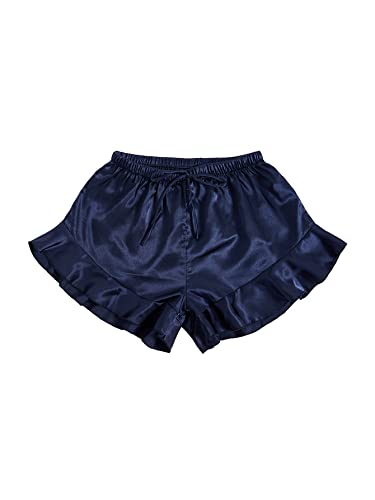 Verdusa Women's 5Pcs Pj Set Satin Nightwear Tie Front Ruffle Hem Pants Shorts Pajamas Set With Eye Mask Navy Blue S #TOP3