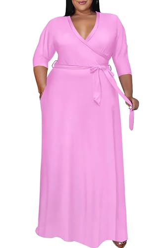 Image of Nmoder Plus Size Maxi Dress for Women - Summer Casual 3 /4 Sleeve Floral Flowy Long Dress with Belt XL- 6XL