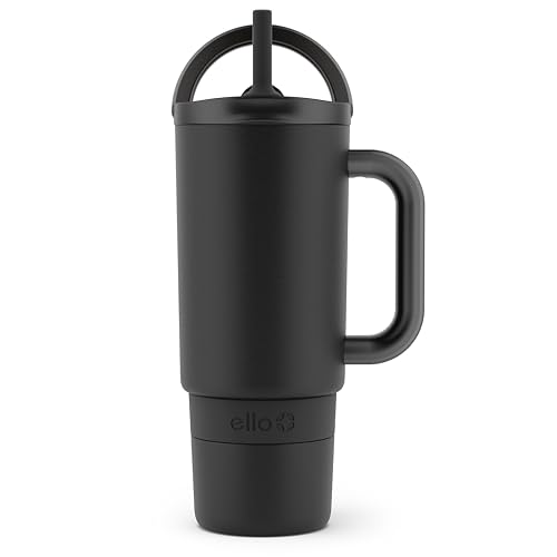 Ello Port 30oz Tumbler with Carry Loop & Integrated Handle | Vacuum Insulated Stainless Steel Reusable Water Bottle Travel Mug | Leak Proof Lid | Flexible Straw | BPA-Free | Dishwasher Safe | Black