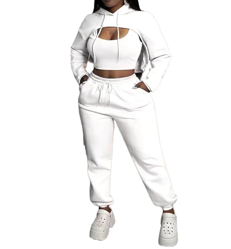 Women 3 Piece Sweatsuit Set Sexy Long Sleeve Pullover Cropped Hoodie Tank Top and Jogger Sweatpants Tracksuit