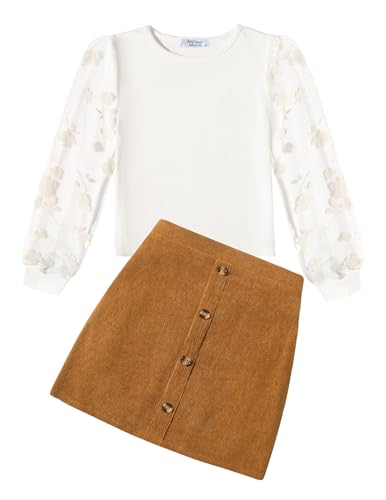 Arshiner - Arshiner Little Big Girls Fall Winter Outfits Casual Skirt Set Pullover Rib Knit Top Tee Brown Corduroy Pleated Plaid Skirts Set - -6%