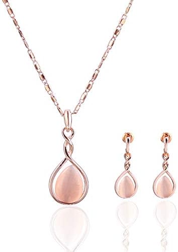 ASHMITA Rose Gold Teardrop Necklace Gemstone Dangle Earrings Wedding Jewelry Set