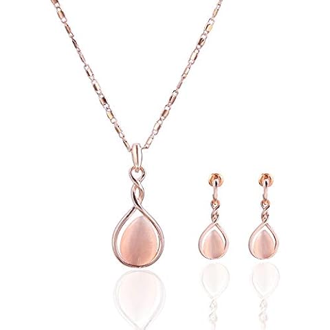 ASHMITA Rose Gold Teardrop Necklace Gemstone Dangle Earrings Wedding Jewelry Set Cover