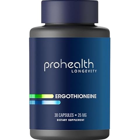 ProHealth Ergothioneine 5X Strength. 25mg Clinical Research Dose. Natural Amino Acid Mushroom Supplement for Improved Cognition, Heart Health. Essential Longevity Vitamin. 25 mg/Serving, 30 Servings Cover