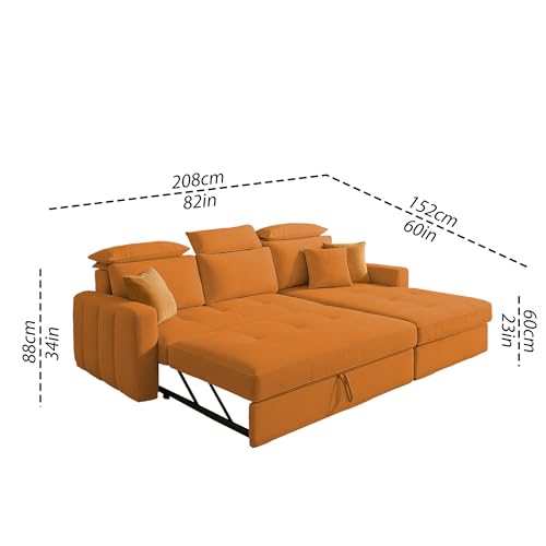 Image of Casaliving Gagnon RHS 4 Seater L Shape Corner Sofa Cum Bed for Living Room (Orange Fabric) Premium Fabric Sofa