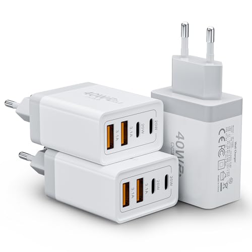 3 Pack Enchufe Cargador USB C, 40W 4 Puertos USBC Cargador Carga Rapida para iPhone 16 15 14 13 12 11 Pro MAX SE XS X 8 7 iPad Samsung, Mobile, Tablet, Cargador Movil Multiple con Tipo C USB A