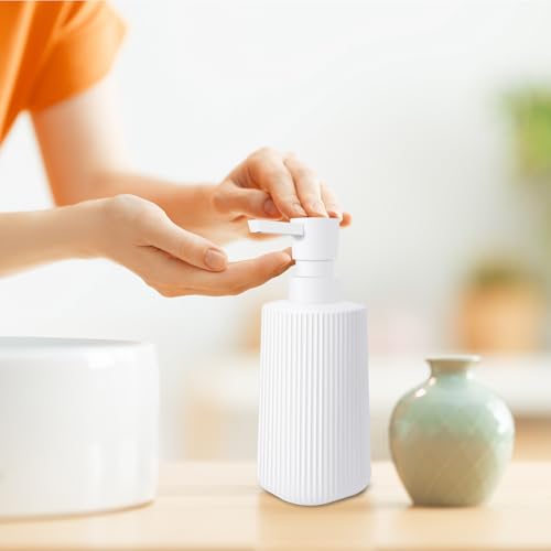 Image of 2 Pack Glass Small Soap Dispenser for Bathroom and Kitchen 250ml /8.5oz Dish Soap Dispenser Modern Farmhouse Striped Style Hand Soap Dish Soap Dispenser with Pump (White)