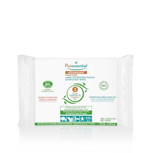 Puressentiel - Assainissant - Lingettes désinfectantes Mains & Surfaces – A l’Aloe Véra et Aux 3 Huiles Essentielles – 100% compostables, 100% fibres naturelles – Sans Javel - Alcool Végétal - x32