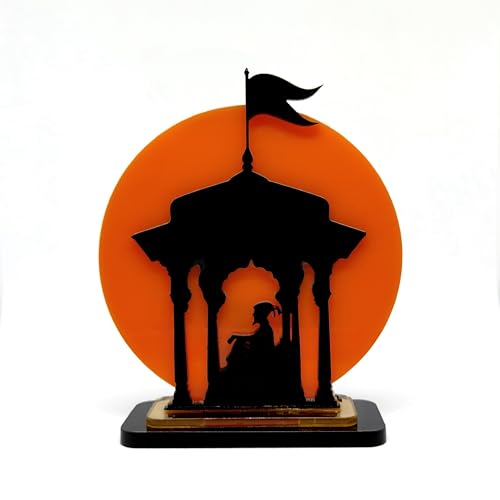 Image of Chatrapati Shivaji Maharaj Acrylic Idol | Decorative Table Showpiece with Orange Background & Silhouette Design | Car, Home, Office & Gift Decor, 3.5 Inch