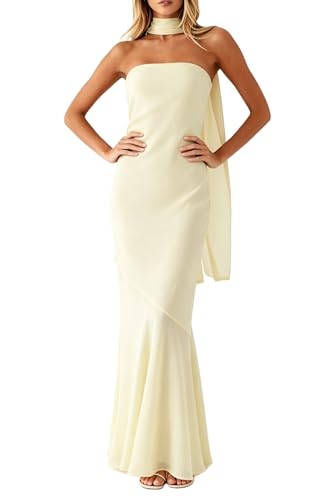 Womens Strapless Bodycon Floral Tube Maxi Dress with Scarf Mesh Layer Summer Cocktail Party Wedding Guest Dress Yellow